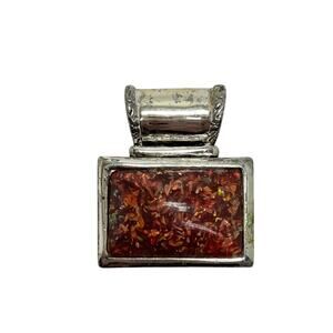 ARTISAN Rectangular Pendant Silver Tone Amber Resin Inlay Chunky Bold